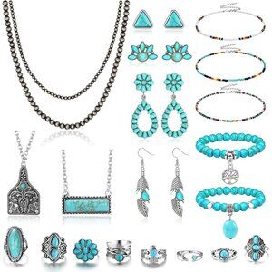 Turquoise Jewelry for Women Bohemian Western Jewelry Set Navajo Pearl Necklace B